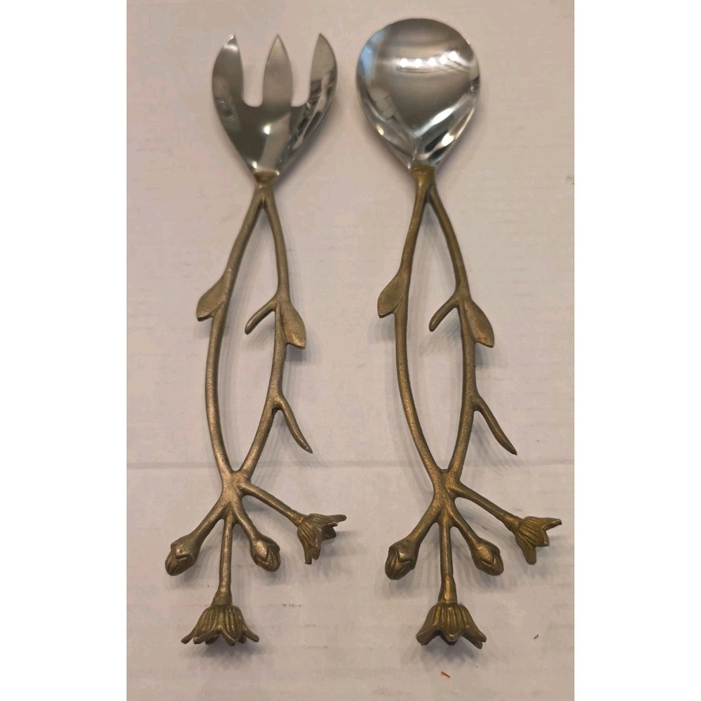 Vintage Brass Twig Salad Servers Set Stainless Steel Floral Flower Branch